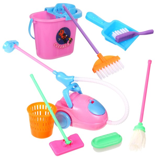 9 Pcs Dollhouse Cleaning Tools, Mini Dollhouse Cleaning Accessories, Delicate Kids Cleaning Toys with Mop Dustpan Bucket Brush Dollhouse Miniature Dolls House Accessories Toy Cleaning Set for Toddlers