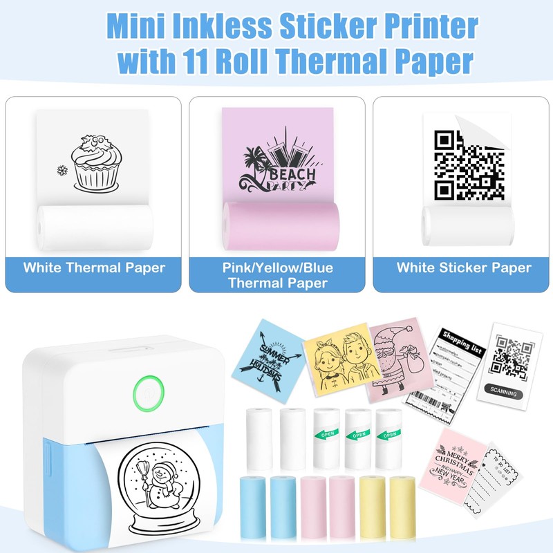 Zeacool Mini Sticker Bluetooth Printer with 11 Rolls Paper, Pocket-Sized