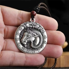 PAURO Men's Chinese Zodiac Animal Round Hollow Pendant Necklace Sheep