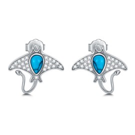 KZX Manta Ray Stud Earrings for Women 925 Sterling Silver Stingray Jewelry with Turquoise Gemstones Ocean Inspired Fish Earrings Gift for Sea Life Lovers