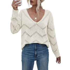 EVALESS Women's Crochet Sweater V Neck Long Sleeve Hollow Out Pullover Tunic Tops Fall Winter Outfits Fashion 2025, White Medium Size