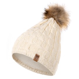 HEYO Hat Scarf Glove Set for Women | Lined Winter Hat with Faux Fur Bobble | Large Loop Scarf | Knitted Fingers/Fingerless Winter Gloves for Touchscreen, beige