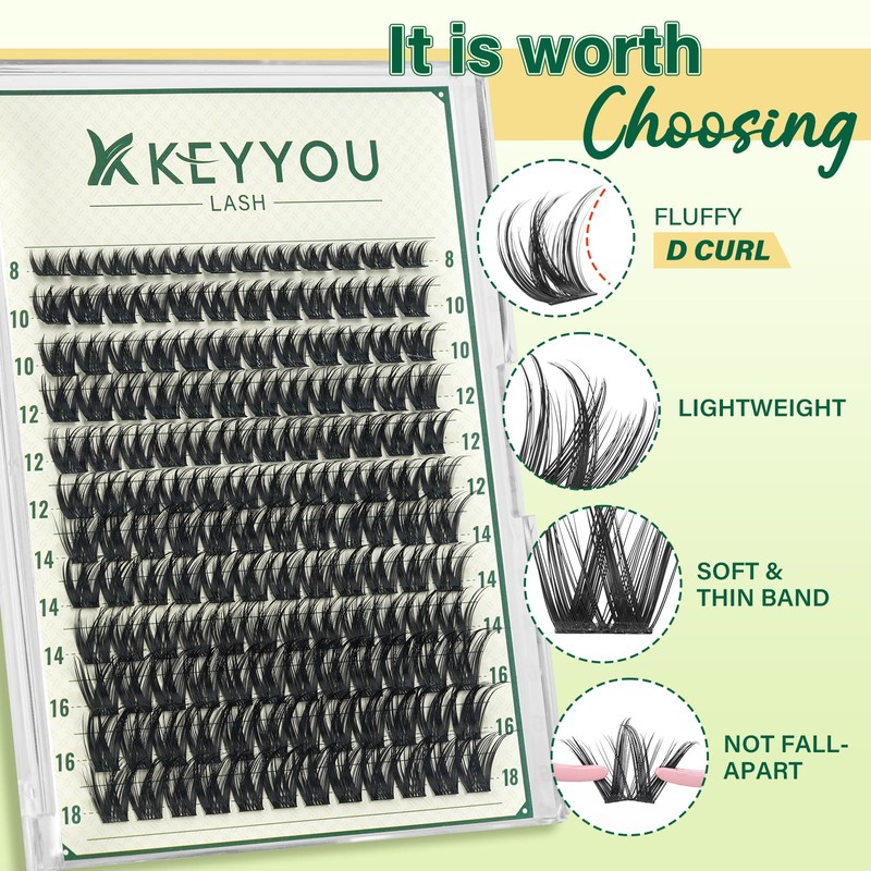 KEYYOU Thick Eyelash Extensions, 144 Pieces, D Curl Eyelash Clusters,