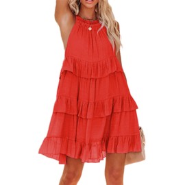 R.Vivimos Women's Summer Dress Boho Sleeveless Halter Layered Ruffle Casual Swing Mini Dress with Pockets (Large, Orange)