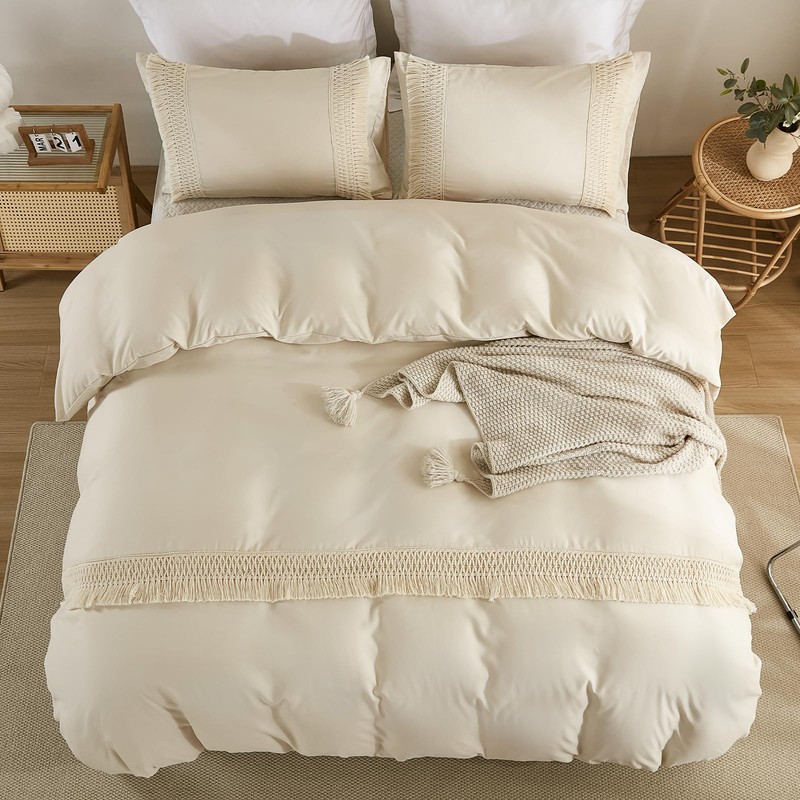 WONGS BEDDING Beige Duvet Cover Set King Bohemian Tassle Bedding