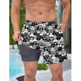Wemkuqa Men's Funny Swim Trunks with Compression Liner 5" Inseam Mens Funny Fish Tail Quick Dry Board Shorts with 4 Pockets Fun Bathing Suit for Men(Gray Fish Tail-L)