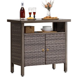 ONBRILL Outdoor Storage Cabinet, Woven Rattan Bar Table with 2 Doors, Slatted-Top, Wicker Console Table for Patio, Garden, Backyard, Kitchen - Brown
