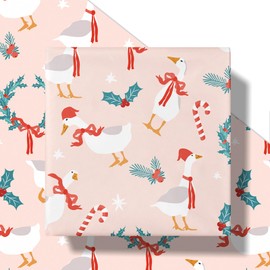 RUSPEPA Christmas Goose Wrapping Paper Roll for Girls, Mini Roll, Santa Goose, Wreath, Candy Cane and Holly Desig, Pink Gift Wrap for Kids Holiday and Country Party, 17 Inches x 16.4 Feet