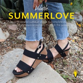 VOLATILE Women's Ankle Strap Wedge Sandal, Black Linen, 10