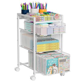 Rolling Utility Cart with 3 Drawers, Craft Organizer and Storage with DIY Divider, Lockable Wheels, Multi-Functional Storage for Art Supplies, Store for Brushes & Paints & Artifacts,White
