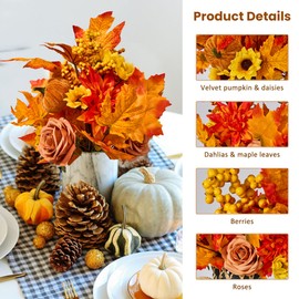 GENMOUS Fall Decor - 2 Pcs Artificial Fall Flowers, Fake Flowers for Autumn, Faux Fall Floral Arrangements Stems Maple Leaf for Home Fall Wedding Bouquet Table Centerpieces Thanksgiving Decoration