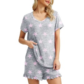 PrinStory Womens Summer Short Sleeves 2 Piece Pajamas Set Lounge Wear Sleepwear Ladies Soft Pjs Set Shorts with Pockets