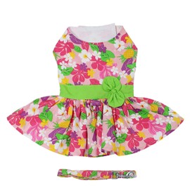 DOGGIE DESIGN Pink Hawaiian Floral Dog Harness Dress with Matching Leash (Small)