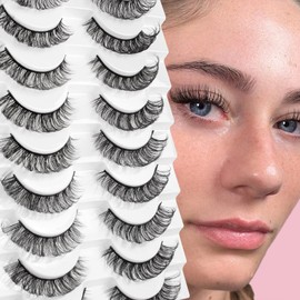 Glowingwin Cat Eye Lashes Natural Look Russian Strip Lashes D Curl Wispy Fluffy Russian Eyelashes Strip Lashes Hybrid Lashes 10 Pairs Pack Fake Eyelashes False Lashes Faux Mink Lashes 3D Effect
