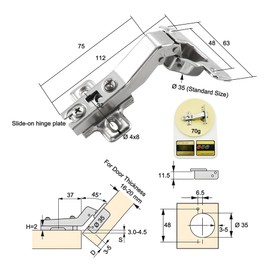 LIKERAINY 45 Degree Hinge Ø 35mm Without Damper for Special Corner Door Hinges for Cabinet Cupboard Wardrobe Folding Angular Doors Pack of 8