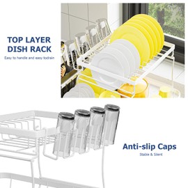 arshray Dish Drying Rack 2-Tier Dish Racks for Kitchen Counter, Adjustable Spout Auto-Draining Dish Rack, Large Capacity for Plates, Bowls, Cups, Tableware，Dish Drainer with Drainboard,White