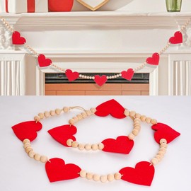 Red Felt Heart Wood Bead Garland Banner Valentine’s Day Decorations for Fireplace Mantle Walls Home Party Decor