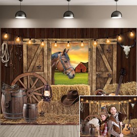 Western Cowboy Backdrop West Rustic Wooden House Farm Barn Door Photography Background for Kids Adults Wild Cowboy Theme Birthday Party Decorations Banner (82x59 inch (7x5FT))