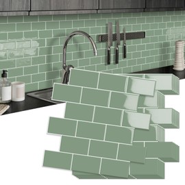 10 Sheet Thicker Subway Tiles Peel and Stick Backsplash,12"x12" Green Self Adhesive Wall Tile Stick on Backsplash for Kitchen and Bathroom
