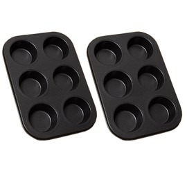 2Pcs Non-Stick 6-Cup Muffin Pan for Baking, Carbon Steel Cupcake Baking Tray, Stackable Cupcake Molds, Dishwasher Safe - 10.4 x 7.3 x 1.1 Inches (Black)