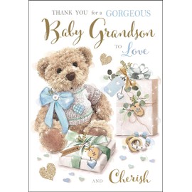 New Baby Grandson Thank You Card - Gorgeous Grandson to Love - Teddy Bear Design - Special Finishes and Illustrated Insert Leaf - Made in the UK