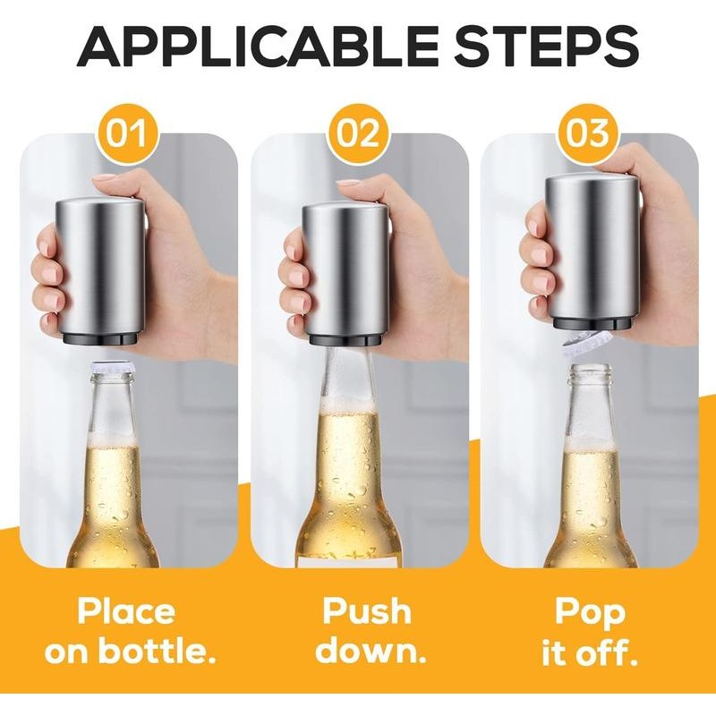 Premium Beer Bottle Opener, Magnetic Automatic Stainless Steel Push Down