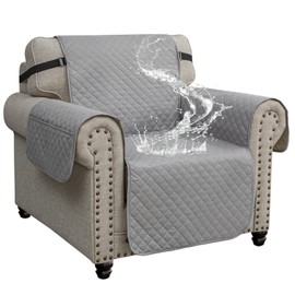 XINEAG Quilted Sofa Covers 1 Seater, Water Resistant Chair Covers for Dogs Pets, Non Slip Sofa Slipcovers with Pockets, Washable Furniture Protector with Elastic Strap (Chair, Light Grey)