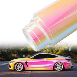AuMoHall Holographic Rainbow Pink Car Vinyl Wrap Chameleon Color Change High Gloss Self Adhesive Car Vinyl Film Roll, 53.14'' x 196.85''