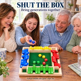 Multicolor Wooden Shut The Box Game for 4 Players – Color-Coded Number Flap Dice Board Game for Family Game Nights