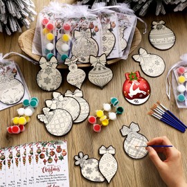 Marspark 20 Set Christmas Painting Craft Kit Wooden Gifts Painting Kit with Card Paint Your Own Xmas Ornaments Unpainted Xmas Ball Shaped DIY Craft for Party Favor Supplies
