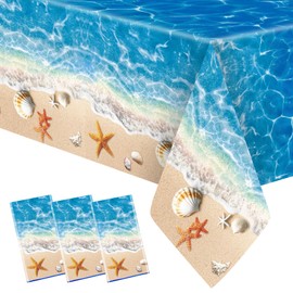 Herytem 3-Piece 54 x 108 Inch Summer Beach Plastic Tablecloth – Ocean Waves Starfish Seashell Disposable Rectangle Table Covers for Pool Party, Hawaiian Party Decorations and Summer Celebrations
