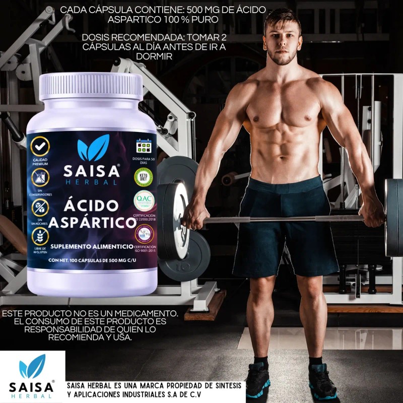 Ácido Aspártico 100 Cápsulas Saisa Herbal Suplemento Alimenticio Energía Vitalidad