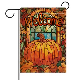 Dyrenson Welcome Fall Pumpkin Stained Glass Window Decorative Garden Flag, Autumn Thanksgiving Maple Leaves Yard Outside Home Decoration, Vintage Burlap Outdoor Small Decor Double Sided 12 x 18