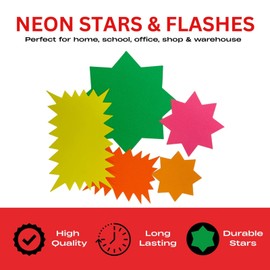 Pack of 50 Assorted Coloured Neon Fluorescent Stars & Flashes in Assorted Size - Price Signs, Star Shape Signs Price Eye-catching, Retail Store Price Label Garage Sale Supplies Tags for Decoration