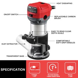 TEENO Wood Router, 6.5 Amp 1.25 HP Compact Router Tools for Woodworking, 13000-33000 RPM Hand Trim Router with 15pcs 1/4" Bits Set, 6 Variable Speeds, Edge Guide, Roller Guide