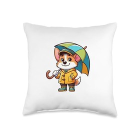 Corgi Umbrella Dog Funny Raincoat Throw Pillow