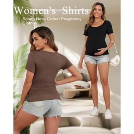 Huukeay 4 Pack Women's Maternity Shirts Scoop Neck Maternity Top Short Sleeve Casual Cotton Tee Side Ruched Pregnancy Clothes(Black, White, Light Gray, Coffee,Medium)