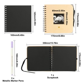 Scrapbook Photo Album, Scrapbook Black Silk Ribbon, Photo Album of 60 Pages Black with Stickers, Memory Book and 5 Metallic Marker Pens, Scrap Books for Children,Baby,Wedding Anniversary,175*175mm