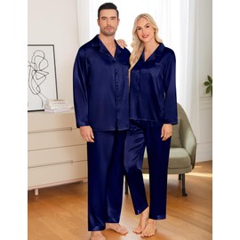 SWOMOG Men Pajamas Matching Pajamas Set Silk Satin Women Pj Set Long Sleeve Button Down Sleepwear 2 Pcs Loungewear Deep Navy Blue Medium