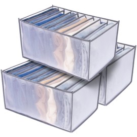 TOOVREN Jeans Organizer Extra Large 9 Grids, Wardrobe Clothes Organizer, Closet Organizers And Storage Baskets, Clothing Storage Bins,Washable Foldable Drawer Jeans Compartment Storage Box 3PCS