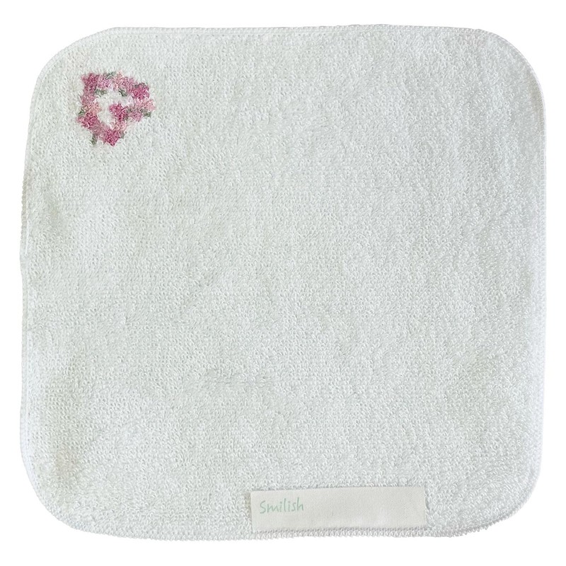 今治タオル×スマイリッシュ ミニタオルハンカチ（15cm×15cm）4枚セット・名入れスペース付（アップル＆ブルーくま＆フラワーハート＆うさぎ）ベロアのような滑らか素材