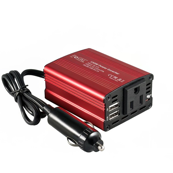 FOVAL 150W Car Power Inverter 12V DC to 110V AC Converter Vehicle Adapter Plug Outlet with 3.1A Dual USB Car Charger for Laptop Computer Red