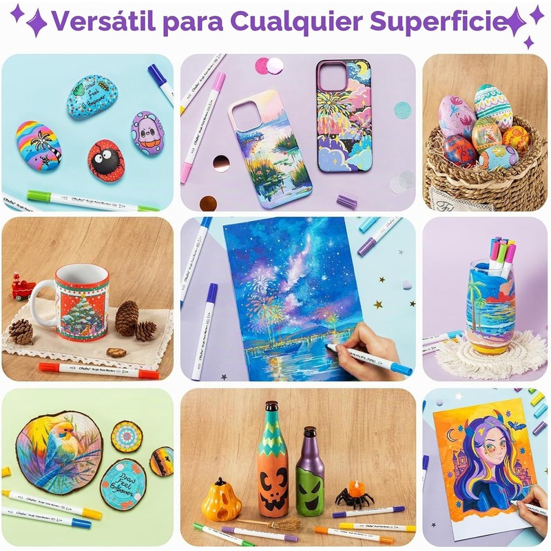 Ohuhu Plumones Acrílicos 72 Colores Doble Punta Pincel y Fina
