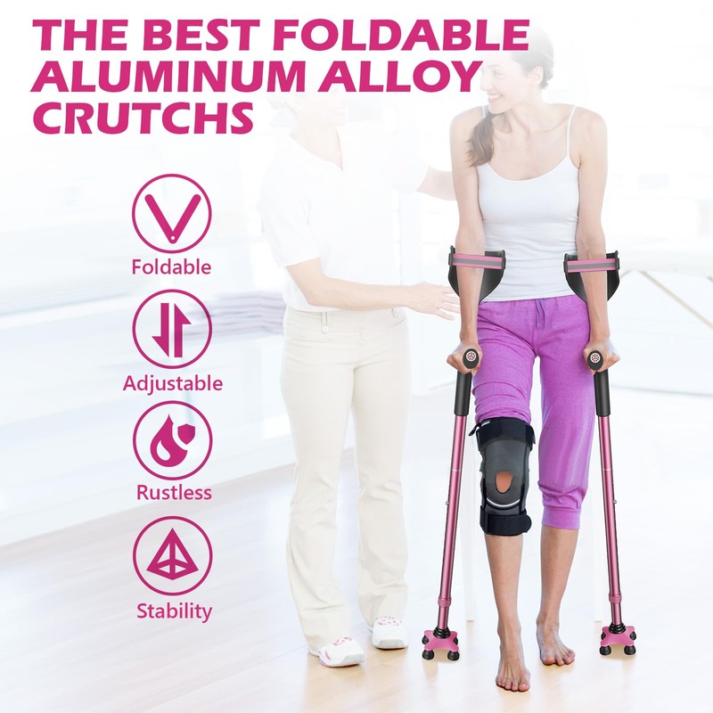 Lightweight Foldable Forearm Crutches, Height Adjustable Pink