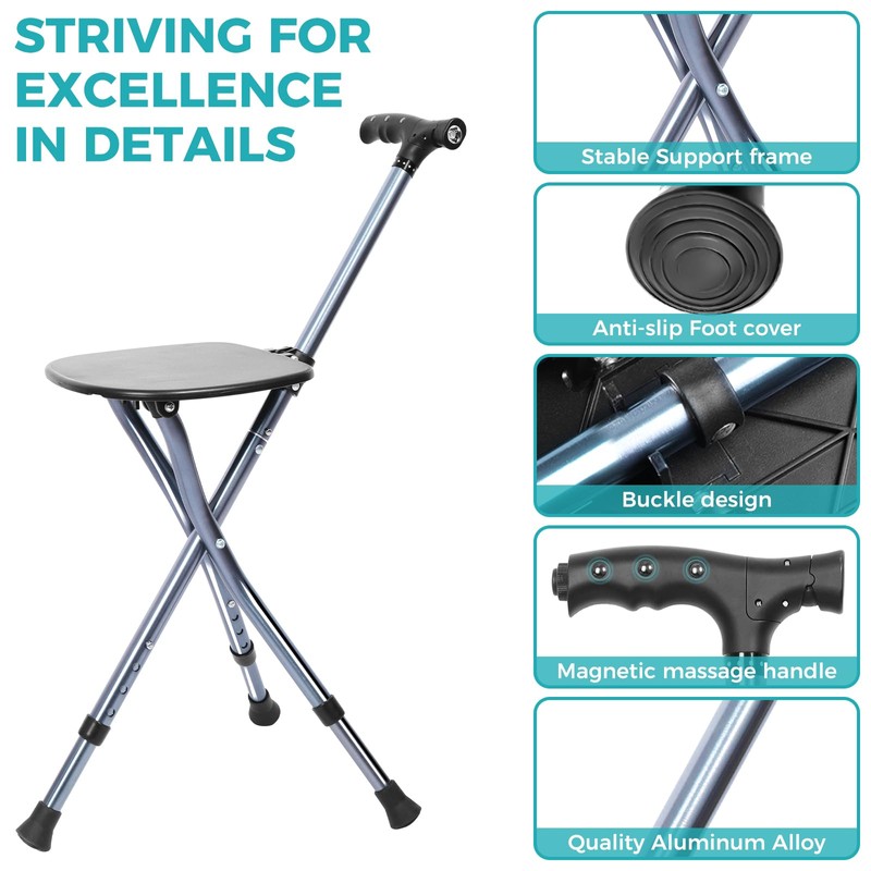 ENLUNTRA Portable Adjustable Folding Walking Cane with Seat and Cushion(Orange)，Cane
