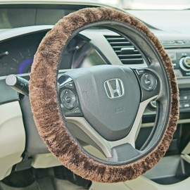 Fuzzy Steering Wheel Cover Elastic Stretch Plush Brown Universal Fit 14" - 16" Diameter Wheel - Non-slip Cushion Protector