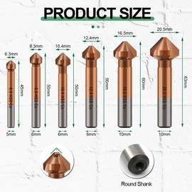KURSTOL Countersunk Drill Bit Set - M35 HSS Cobalt Coated Countersunk Drill Bit for Stainless Steel Iron Aluminium Copper, 6 Pieces 6.3 mm - 20.5 mm Countersunk Chamfer Drill Bit Round Shank Fixed