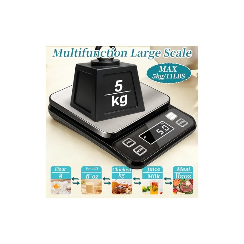 Digital Food Scale 11lb/5kg, Waterproof Kitchen Scale, Tare Function and