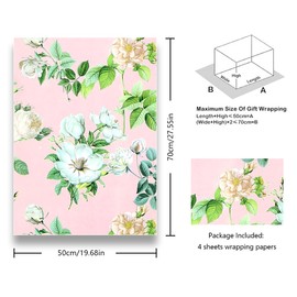 Floral Wrapping Paper Floral Wrapping Paper for Girls Ladies Ladies 4 Sheets White and Pink Blooming Roses Peonies Bridal Shower Engagement Gift Wrapping Paper for Birthday Wedding