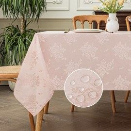 Romanstile Jacquard Rectangle Tablecloth, Waterproof Elegant Damask Rose Floral Pattern Table Cloth, Washable Decorative Polyester Table Cover for Kitchen/Dining/Parties - Pink, 60 x 84 Inch